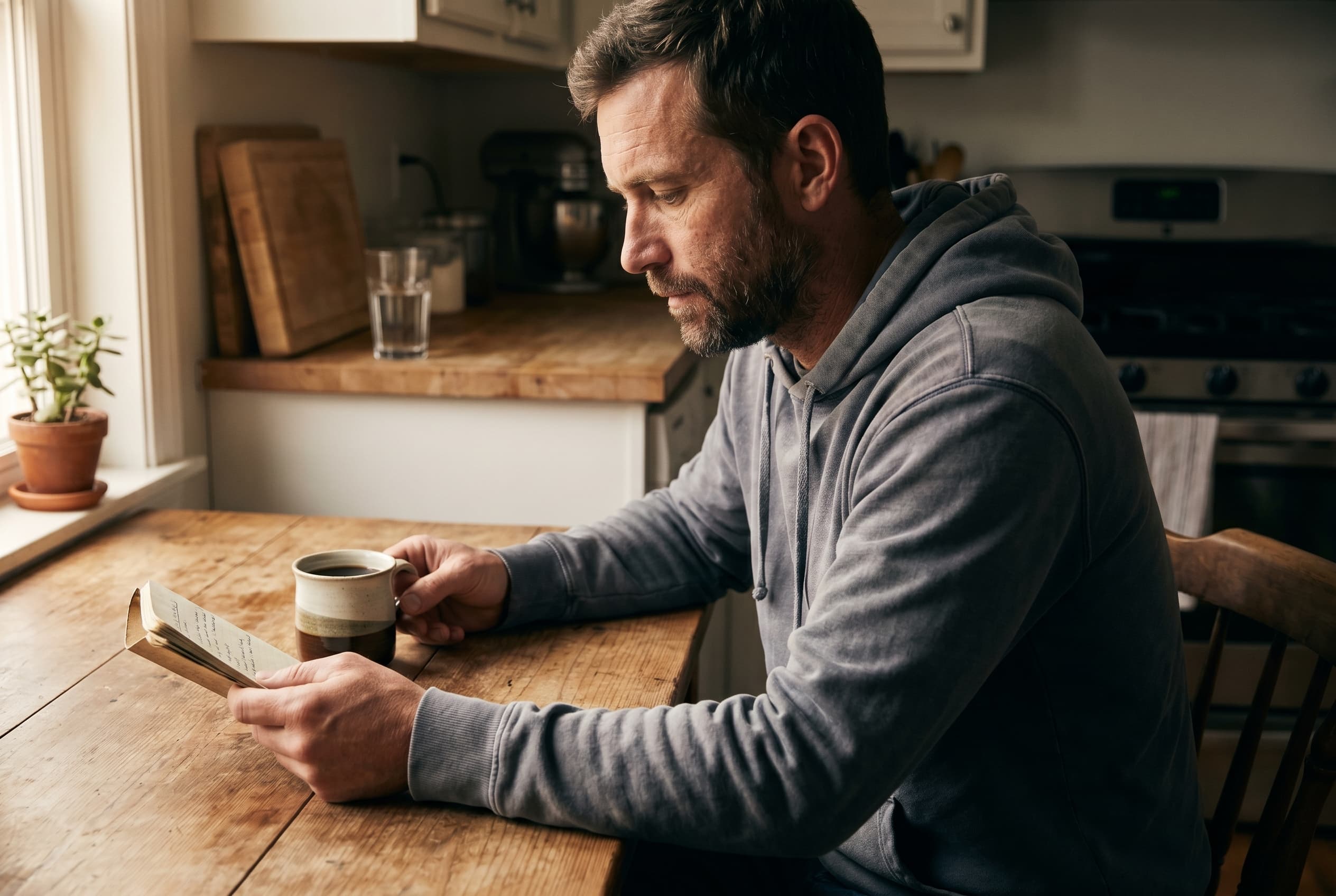 A gym owner sitting at a kitchen table on a Saturday morning, off the clock — coffee, a notebook, soft window light. The moment that doesn't happen when admin owns your week.